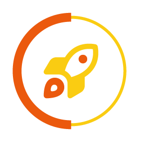 Rocket icon in a yellow and orange circle border