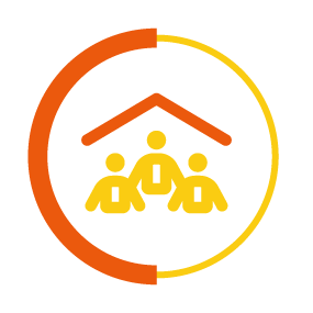 Group of people under roof icon in a yellow and orange circle border